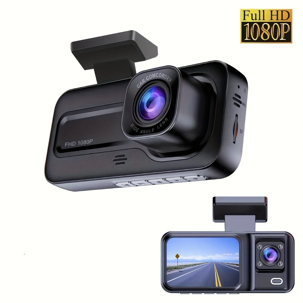 Cámara DVR para automóvil de 3 lentes, cámara de tablero HD 1080P, grabadora de video para monitoreo de estacionamiento interior con visión nocturna IR, grabación en bucle. Tarjeta SD de 32GB y lente opcional.