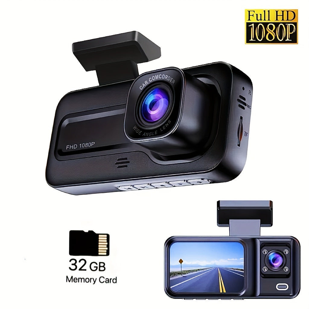 Cámara DVR para automóvil de 3 lentes, cámara de tablero HD 1080P, grabadora de video para monitoreo de estacionamiento interior con visión nocturna IR, grabación en bucle. Tarjeta SD de 32GB y lente opcional.