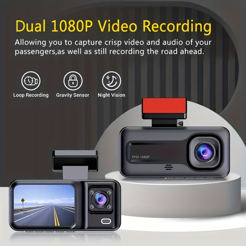 Cámara DVR para automóvil de 3 lentes, cámara de tablero HD 1080P, grabadora de video para monitoreo de estacionamiento interior con visión nocturna IR, grabación en bucle. Tarjeta SD de 32GB y lente opcional.