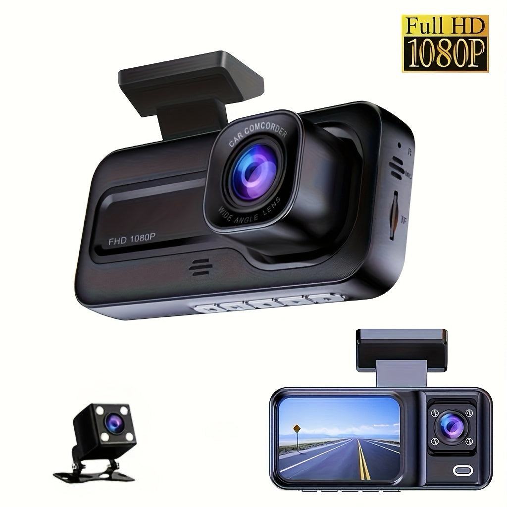 Cámara DVR para automóvil de 3 lentes, cámara de tablero HD 1080P, grabadora de video para monitoreo de estacionamiento interior con visión nocturna IR, grabación en bucle. Tarjeta SD de 32GB y lente opcional.