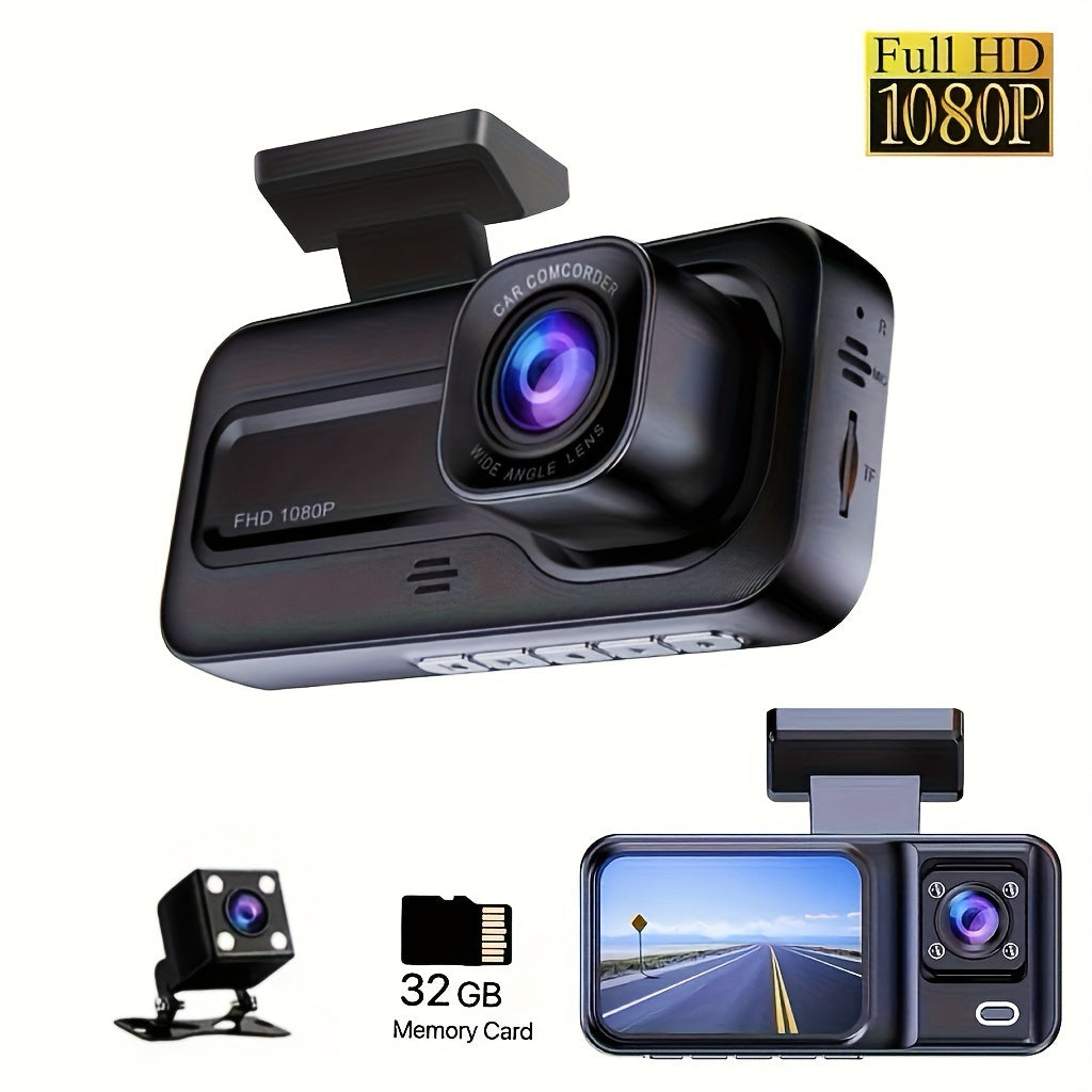 Cámara DVR para automóvil de 3 lentes, cámara de tablero HD 1080P, grabadora de video para monitoreo de estacionamiento interior con visión nocturna IR, grabación en bucle. Tarjeta SD de 32GB y lente opcional.