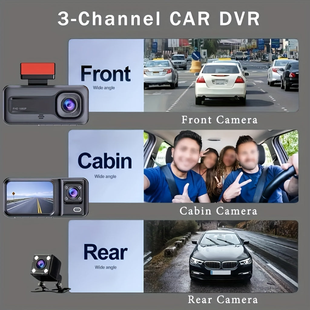 Cámara DVR para automóvil de 3 lentes, cámara de tablero HD 1080P, grabadora de video para monitoreo de estacionamiento interior con visión nocturna IR, grabación en bucle. Tarjeta SD de 32GB y lente opcional.