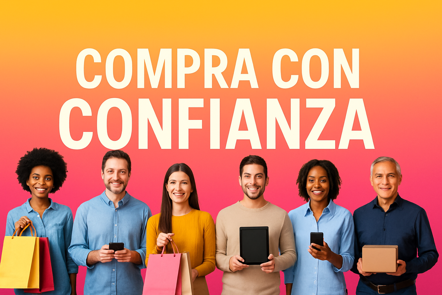 fondo degradado de amarillo a fucsia, personas con objetos en la mano, texto compra con confianza