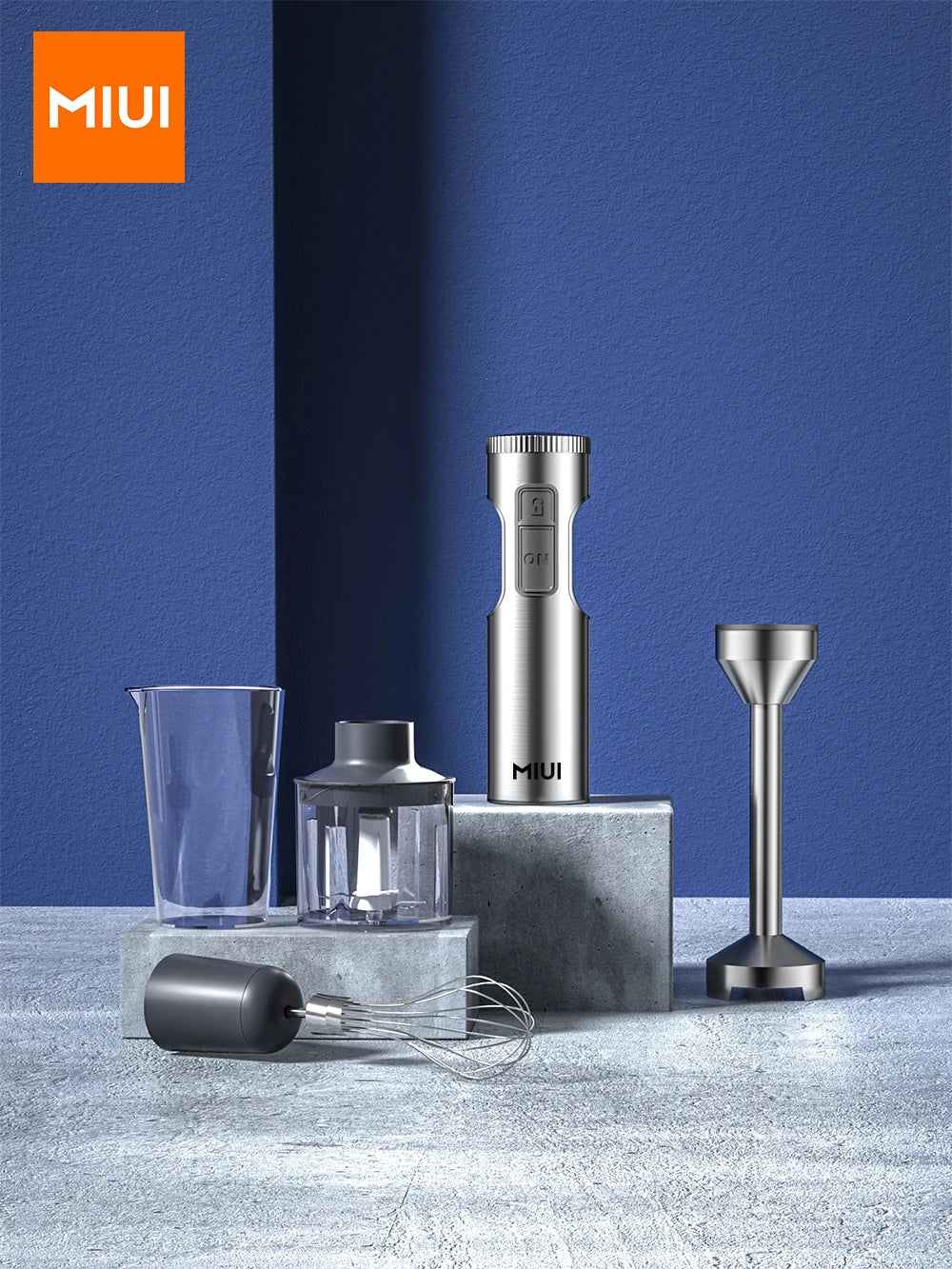 MIUI Licuadora de inmersión manual 1000W Potente 4 en 1, Mezclador de alimentos en barra de acero inoxidable, Vaso mezclador de 700 ml, procesador de 500 ml, batidor