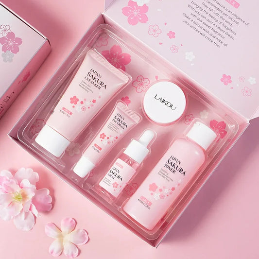 LAIKOU Sakura Kit de cuidado de la piel, hidratante y reducción de líneas finas, producto de limpieza de poros, juego de cuidado de la piel coreano de 5 piezas