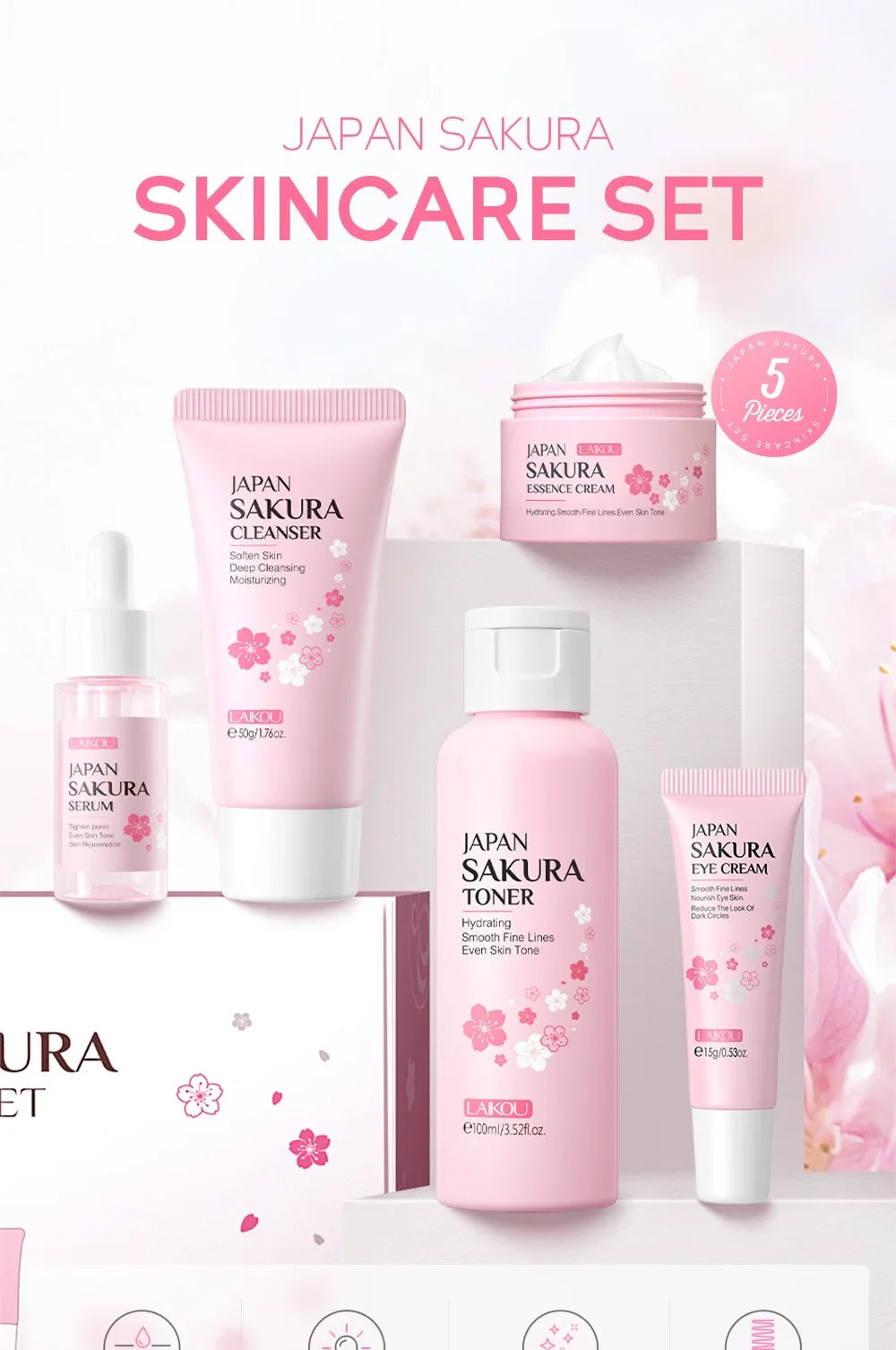 LAIKOU Sakura Kit de cuidado de la piel, hidratante y reducción de líneas finas, producto de limpieza de poros, juego de cuidado de la piel coreano de 5 piezas