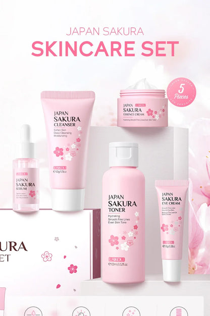 LAIKOU Sakura Kit de cuidado de la piel, hidratante y reducción de líneas finas, producto de limpieza de poros, juego de cuidado de la piel coreano de 5 piezas