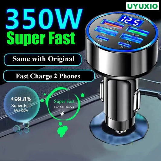 UYUXIO 6 en 1 USB C Adaptador de cargador de teléfono para automóvil con pantalla de voltaje Dual PD súper rápido para iPhone 15 Pro max OPPO Samsung Huawei