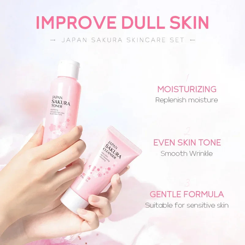 LAIKOU Sakura Kit de cuidado de la piel, hidratante y reducción de líneas finas, producto de limpieza de poros, juego de cuidado de la piel coreano de 5 piezas