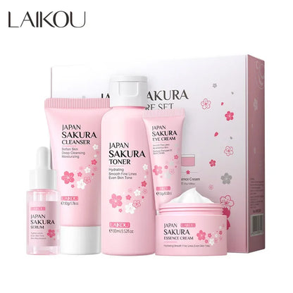 LAIKOU Sakura Kit de cuidado de la piel, hidratante y reducción de líneas finas, producto de limpieza de poros, juego de cuidado de la piel coreano de 5 piezas