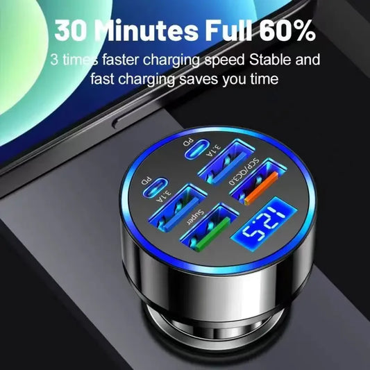 UYUXIO 6 en 1 USB C Adaptador de cargador de teléfono para automóvil con pantalla de voltaje Dual PD súper rápido para iPhone 15 Pro max OPPO Samsung Huawei