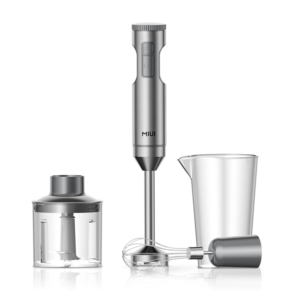 MIUI Licuadora de inmersión manual 1000W Potente 4 en 1, Mezclador de alimentos en barra de acero inoxidable, Vaso mezclador de 700 ml, procesador de 500 ml, batidor