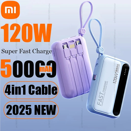 Xiaomi-Banco de energía portátil de gran capacidad, 50000mAh, carga rápida, con batería integrada de 4 Cables para IPhone y Samsung